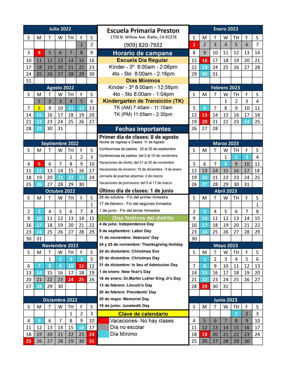 School Year Calendar Spanish